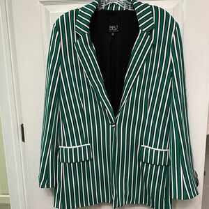 Women’s BBJ Striped Kelly Green, White and Black Blazer Sz: XL Crepe Feel GUC